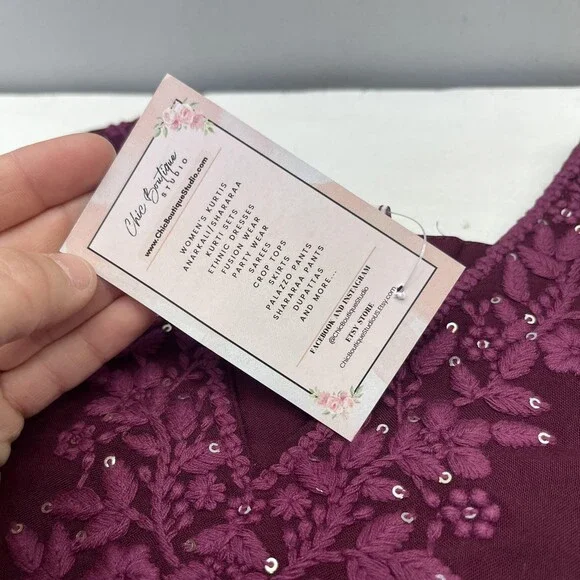 Chic Boutique Studio Kurta Pants Set Womens L Purple Floral Embroidered 2 Piece - Picture 7 of 13